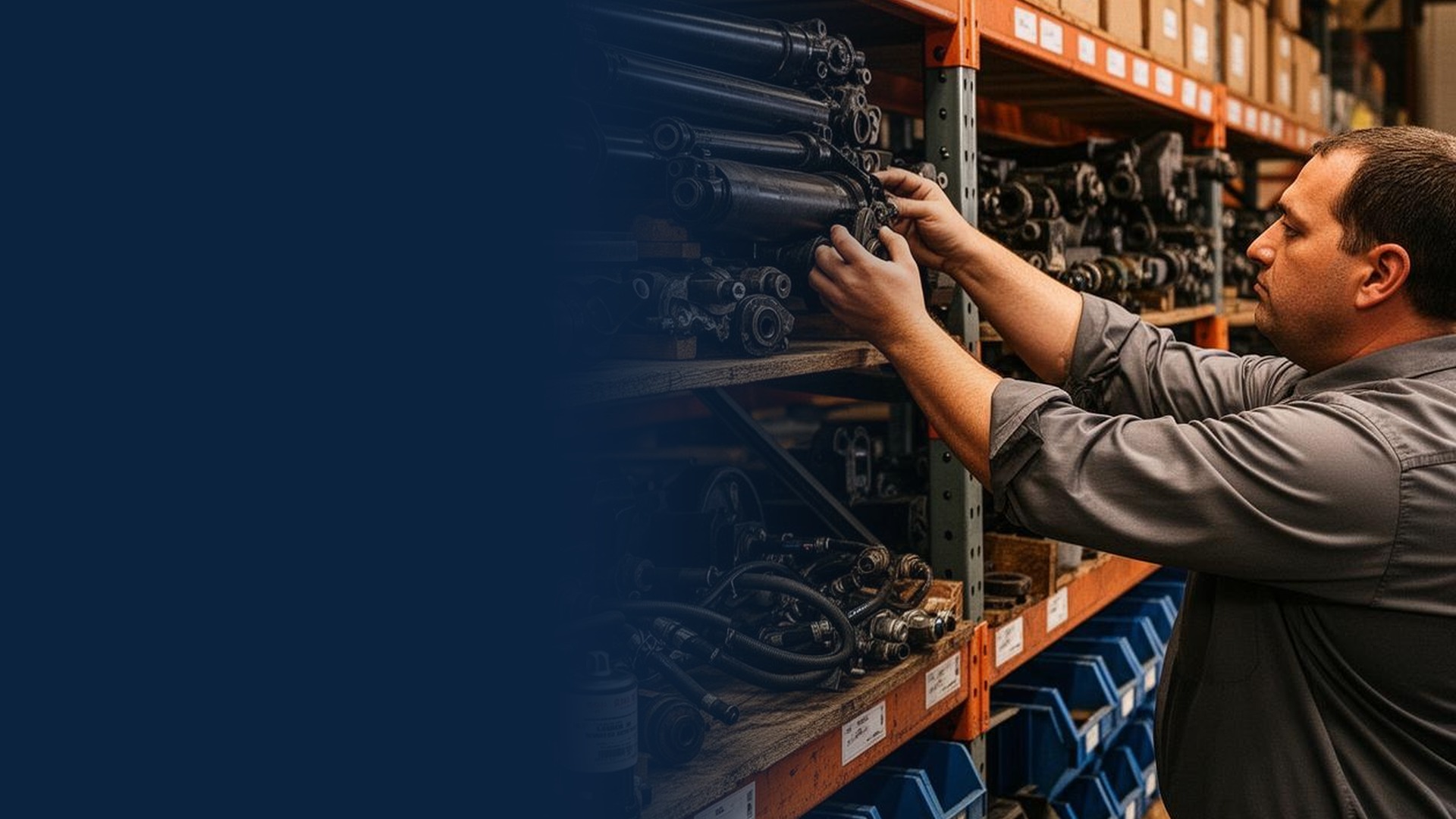 Organized parts warehouse with refuse truck components on shelves