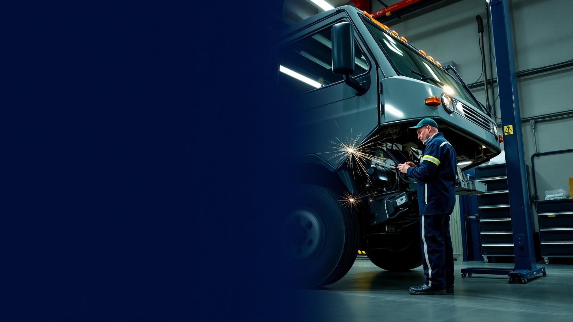 Technician servicing a refuse truck on a lift in a maintenance shop